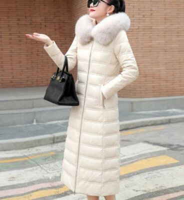 Womens Long Real Leather 90% Duck Down Jacket Fox Fur Collar Hooded Thicken Warm - Image 1 of 4