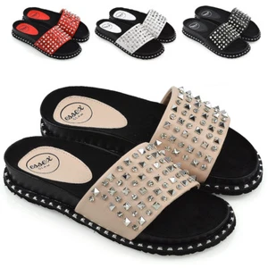 Womens Flat Studs Diamante Sliders Sandals Ladies Holiday Summer Slip On Mules - Picture 1 of 25