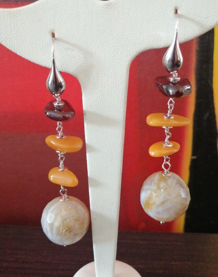 Orecchini Pendenti Ambra marrone/gialla Donna Argento 925 pietre naturali quarzo - Immagine 1 di 4