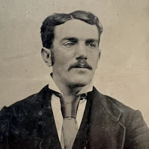 Antique Tintype Photograph Interesting Handsome Suave Man Mustache & Tie - Picture 1 of 7