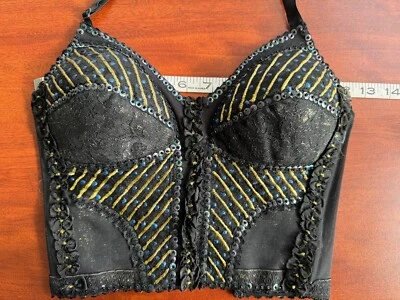 DE COLECCIÓN SUJETADOR ARTÍSTICO MADONNA BUSTIER LENTEJUELAS CUENTAS ORO BRILLO PINTADO A MANO NEGRO XS Foto 1 de 4