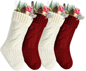 Kunyida 4er Pack, einzigartige burgunderrote und elfenbeinweiße gestrickte Weihnachtsstrümpfe 14 Zoll - Bild 1 von 12