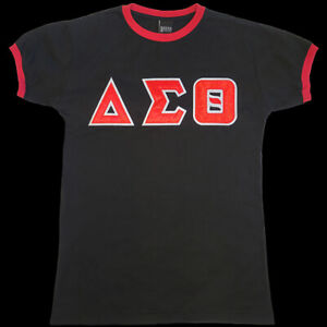 Delta Sigma Theta Sorority Ringer T-shirt- Satin Letters-Black-Size Large-New!
