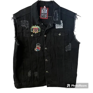 Born Fly Retro Video Game Theme Distressed Denim Vest Men's 2XL Black - Picture 1 of 12