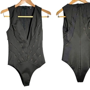 WOW Couture : Deep Plunge Eyelet Link Chain Detail Stretch Bodysuit : M - Picture 1 of 12