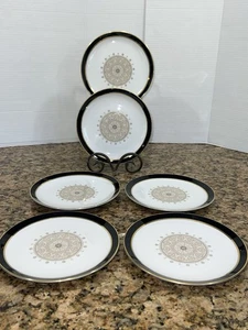 Set Of 6 Retired Vintage Aquarius 7-5/8” Salad Plates Black, White And Gold - Picture 1 of 13