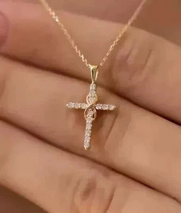 1Ct Round Cut Lab Created Diamond Women's Cross Pendant 14K Yellow Gold Plated - Picture 1 of 3