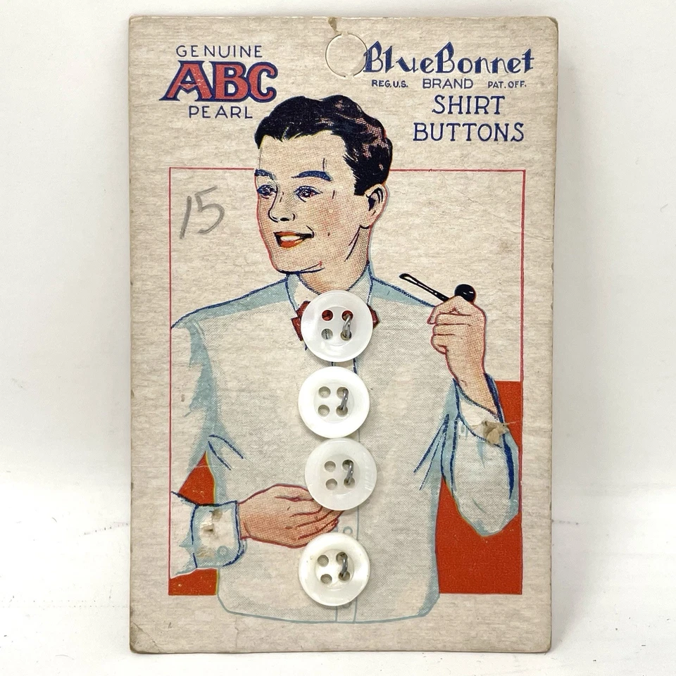 VINTAGE 1940s Blue Bonnet Shirt Buttons ABC Pearl Mens Dress New on Card - Image 1 of 4