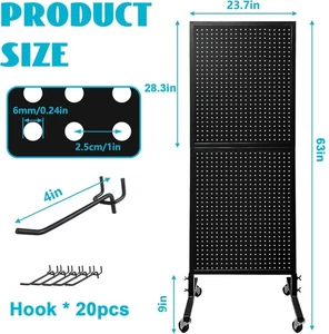 Lochwand Display Ständer mit 20 Haken Lochwand Platten Display mit Rollen schwarz - Bild 1 von 9