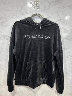 BEBE 闪亮丝绒水钻标志套衫连帽衫黑色 M 码全新 — 第 1/4 张图片