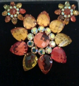 Joan Rivers Amber, Orange, Olive Rhinestones Fall Flower Brooch & Earrings - Picture 1 of 2