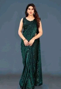 Beautiful Wedding Lycra Velvet Delta Saree, Indian New Designer Ethnic Sari SH-C - Picture 1 of 5