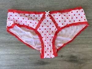 VINTAGE VICTORIA'S SECRET Pink Red Polka Dot Ruched Panties W Ruffle L New - Picture 1 of 5
