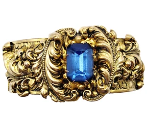 Brass Ornate Repousse Renaissance Nouveau Blue Glass Center Wide Bracelet 7 Inch - Picture 1 of 24