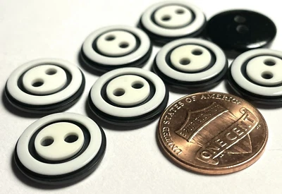8 Glossy White & Black Plastic Sew-through Buttons 15mm Just Over 9/16" 12640 - Image 1 of 3
