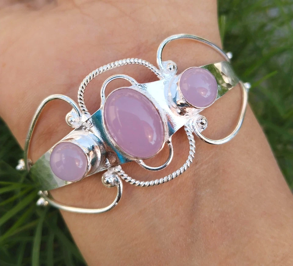 Brazalete ajustable de cuarzo rosa con piedras preciosas de plata de ley 925 Foto 1 de 1