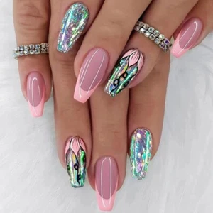 Uñas Postizas decoradas Acrílicas Falsas 24 Pack Colores Verde Rosa - Imagen 1 de 12