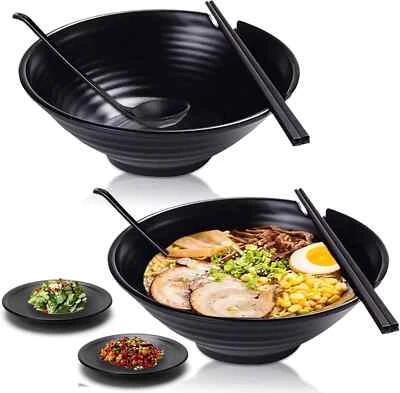 Juego de 2 cuencos de ramen irrompibles estilo japonés, 37 oz negro grande mate melami... Foto 1 de 4