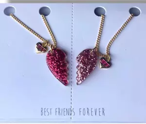 Best Friends Forever (Set of 2) Adjustable Rose Pink Split Heart Necklaces NEW - Picture 1 of 3