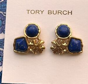 Tory Burch Blue Earings Logo And Natural Stone