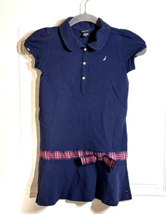 Nautica Pique Navy Polo Dress with Gold Buttons & Stripe Bow Kids Girls Size 8 - Picture 1 of 7