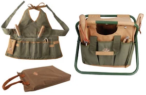 Khaki & Brown Gardening Set Tool Stool Kneeling Pad & Womens Apron Garden Kit - Picture 1 of 6