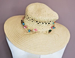 Island Beach Sun Hat Paper Packable Beaded Band Straw Wide Brim One Size - Picture 1 of 8