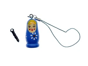 Matrioska Babuschka Ciondolo Cellulare pendente Bambola Russa Legno Bell Blu - Zdjęcie 1 z 4