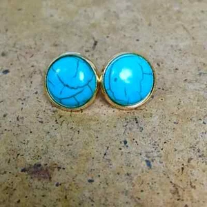 Blue Turquoise Gemstone Gold Plated 925 Sterling Silver Cufflinks For Mens - Picture 1 of 3