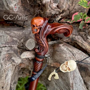 Totenkopf Gehstock Holz Gehstock, ergonomischer Handgriff Griff Holz geschnitzt Stock. - Bild 1 von 7