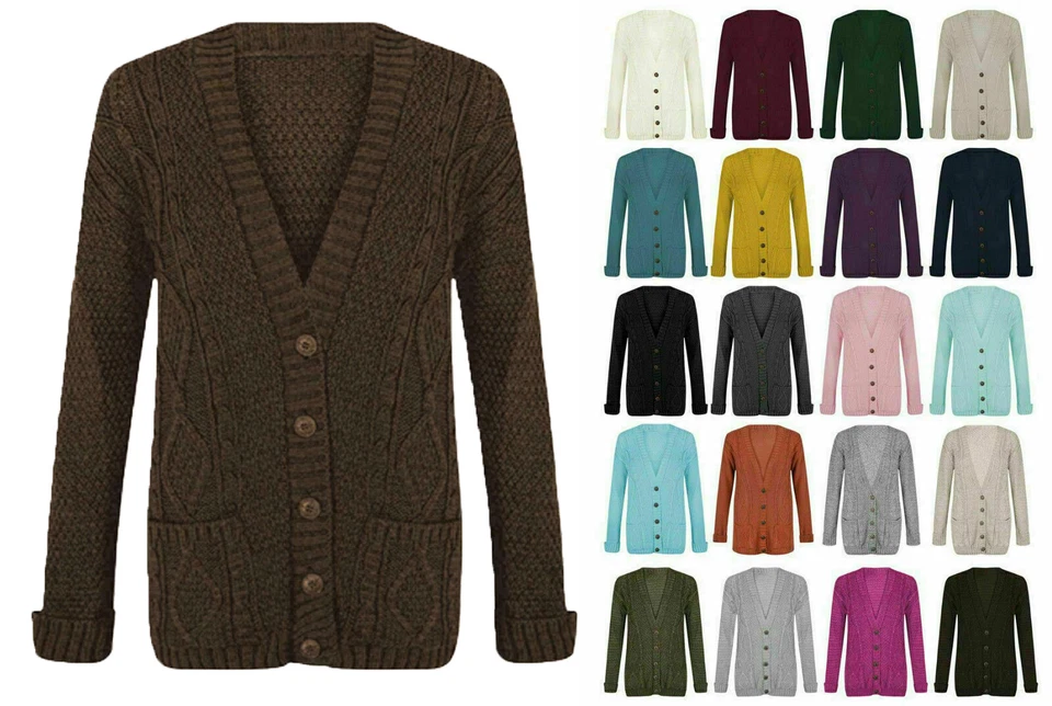Women Ladies Cable Chunky Knit Cardigan Button Long Sleeves Grandad Cardigan - Image 1 of 1