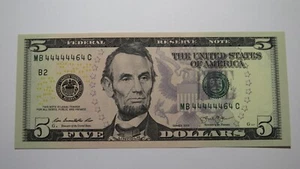 $5 2013 Near Solid Serial Number Federal Reserve Bank Note Bill UNC++ #44444464 - Picture 1 of 2