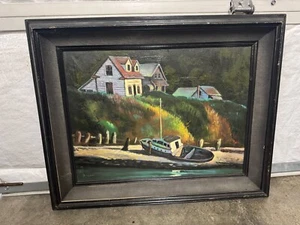 Vintage Framed Oil Painting Signed M. Bauer – Coastal Scene w/ Boat & Houses - Picture 1 of 14