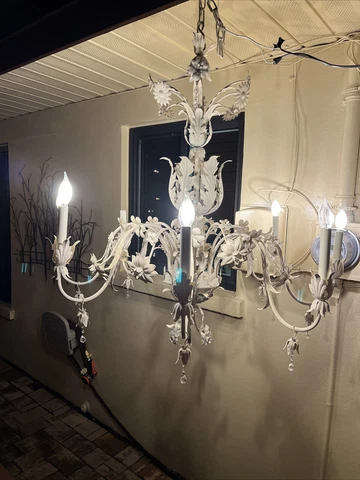 VINTAGE GIGANTIC ITALIAN METAL TOLE CHANDELIER SHABBY W/CRYSTALS 8 ARM CRAZY BIG Cover
