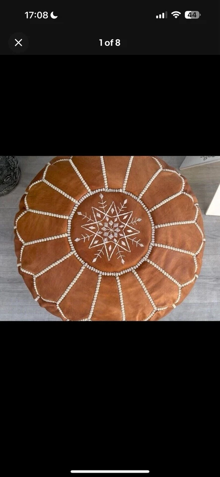 Trending Moroccan Pouffe Boho Vintage Goat Genuine Leather Ottoman Brown Round - image 1 of 4