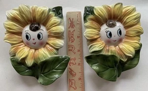 Vintage anthropomorphe Sonnenblume Blume Gesicht Wandtaschen, 2er Set - Bild 1 von 6