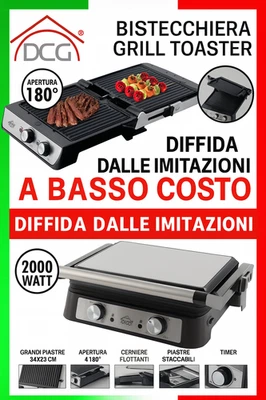 Bistecchiera Grill Toaster 2000W Piastre XL 180° Antiaderente Carne Pesce Panini - Immagine 1 di 3