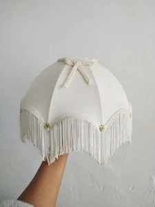 Vintage Cream Dome Shaped Tassel Fringe bow, Green Flower Fabric Lampshade - Picture 1 of 15