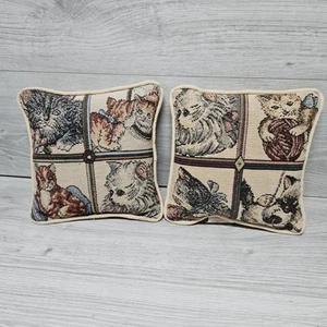 2 Vintage Cats & Kittens Small Embroidered Tapestry Throw Cushions Kitsch Decor - Picture 1 of 5