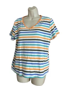 Laura Scott Women's Multicolor Stripes Short Sleeve V-Neck Blouse Large - Picture 1 of 6