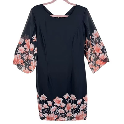 Grace Karin NWT Black Floral 3/4 Chiffon Sleeve Knee Length Sheath Dress Size 12 - Image 1 of 4