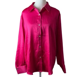 Rachel Zoe Damen L Hot Pink Satin Knopfleiste Bluse Langarmshirt - Bild 1 von 7
