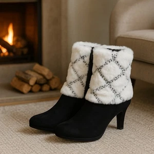 Beacon Sonya Fur B/W Black Micro Suede Faux Fur High Heel Boots 7W Wide Women’s - Picture 1 of 8
