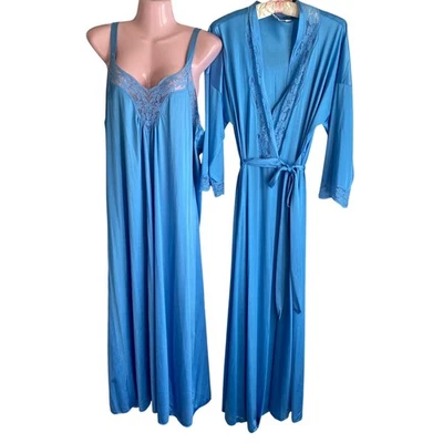 Vintage Vanity Fair Nightgown Robe Set Womens Large Blue Nylon Lace Trim 80s USA - Image 1 of 4