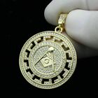 Round Lab Created Diamond Men's Masonic Medallion Pendant 14K Yellow Gold Finish