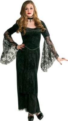 GOTHIC TEMPTRESS VAMPIRE COSTUME BLACK LONG DRESS LACE SLEEVES JUNIOR L 11-13 - Image 1 of 4