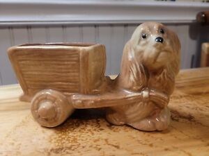 Vintage Ceramic Cocker Spaniel Dog Pulling Cart Brown Tan Pottery Doggy Puppy