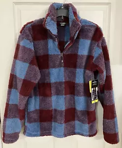 EDDIE BAUER Women's Plush 1/4 Zip Maroon & Blue Harbor Check Fleece SMALL ~ NWT - Picture 1 of 11