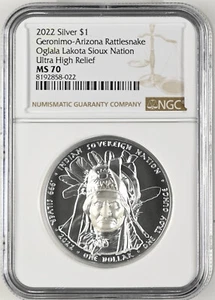 NGC MS70 2022 Gerónimo - Arizona Rattlesnake Oglala Lakota Sioux Natn plata 1 oz - Imagen 1 de 2