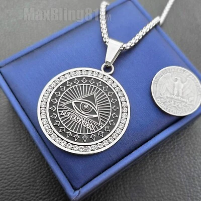 Collar de cadena Rolo colgante de circonita cúbica pirámide ojo de la Providencia de acero inoxidable de 24" Foto 1 de 4